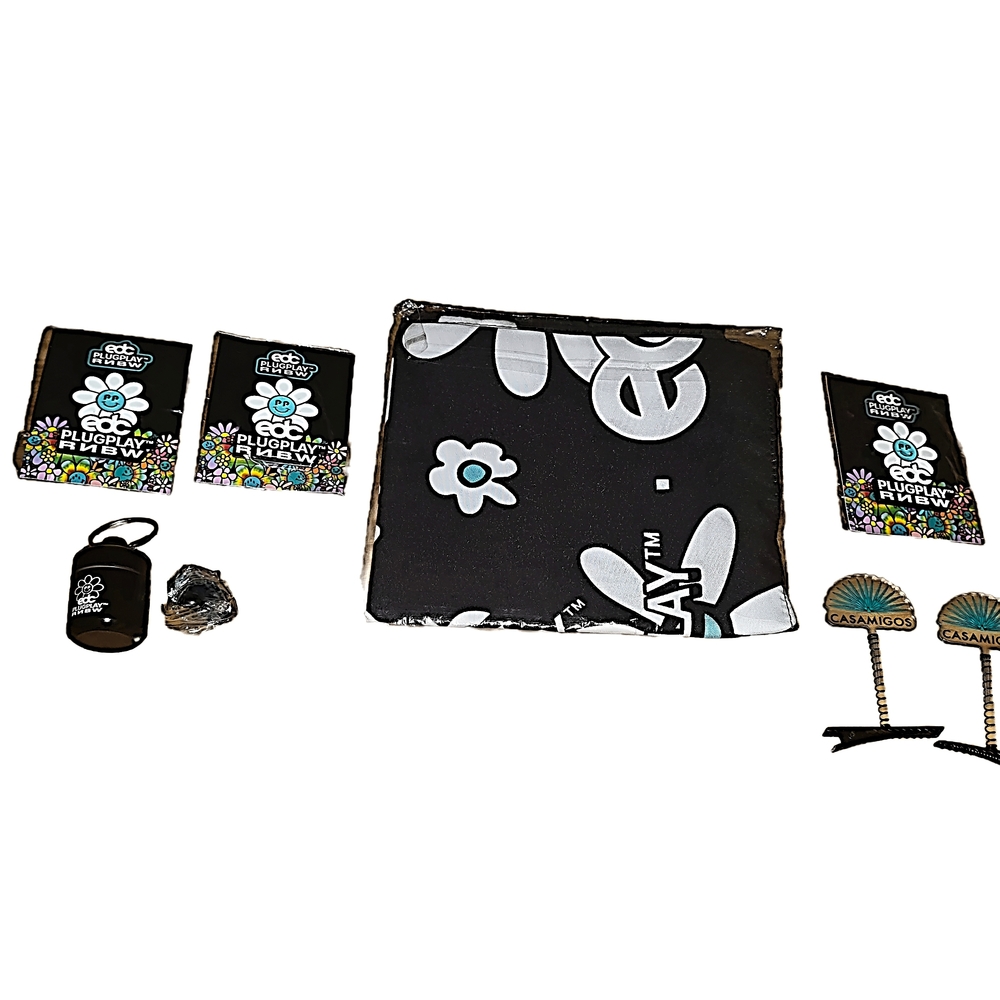 NWT EDC Rave Accessories. Bandana, pins, sprouts, ear plugs and holder PLUR RNBW